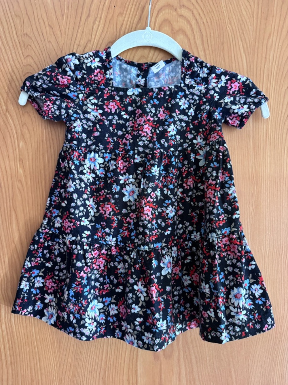 Gap Baby Black Floral Tiered Dress with Pink & Light Blue Flowers 2 YRS